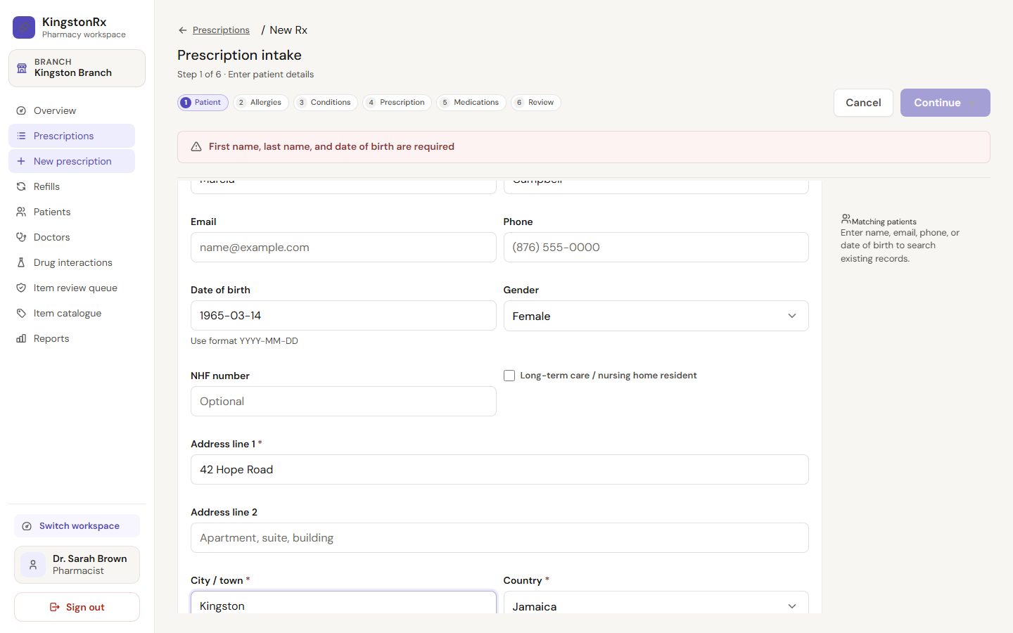 Prescription intake patient step with sample data